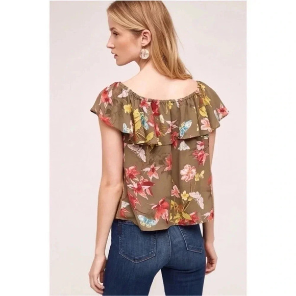 Anthropologie | Maeve | Green Floral Valitta Off Shoulder Blouse Size Small S - Picture 2 of 5